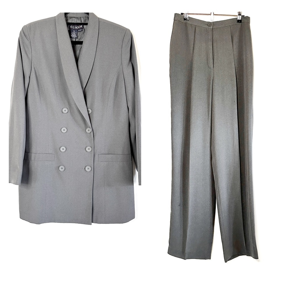 Vintage J.G. Hook Pantsuit 8 LONG Double Breasted Blazer Gray Scandi Girl